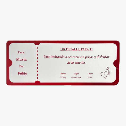 Ticket regalo de comida o cena personalizado en foil rojo – Rasdelma