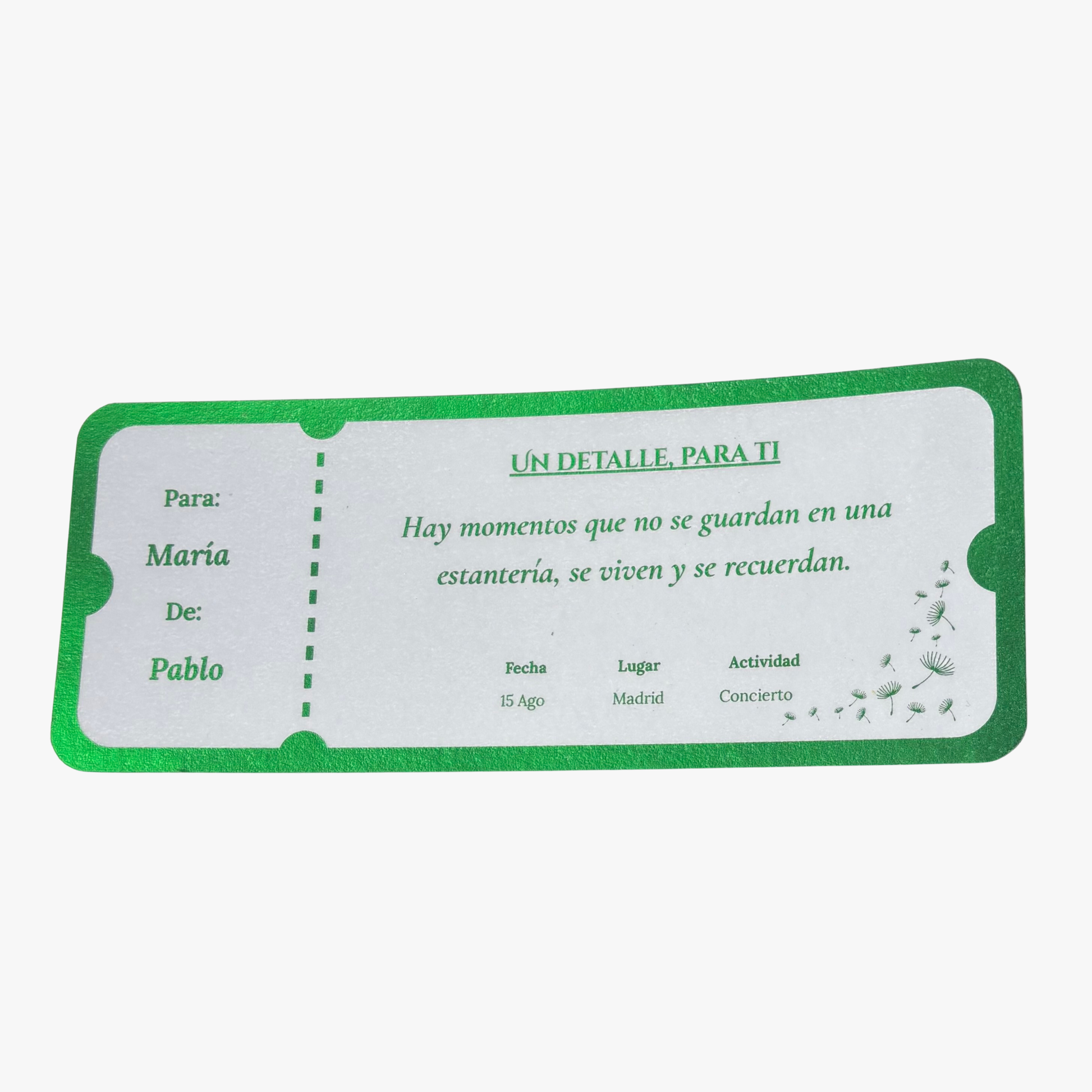 Ticket regalo de experiencia personalizado en foil verde con efecto de luz – Rasdelma