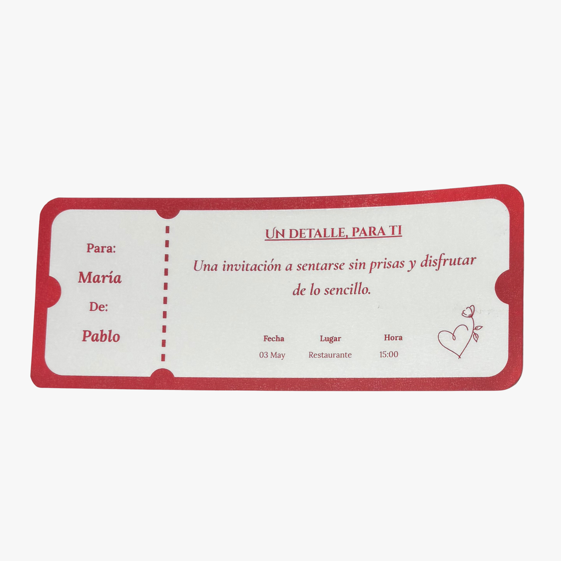Ticket regalo de comida o cena personalizado en foil rojo con efecto de luz – Rasdelma