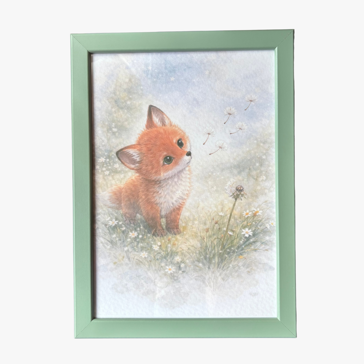 Lámina infantil ilustrada de zorrito · diseño Naturaleza · con marco verde – Rasdelma