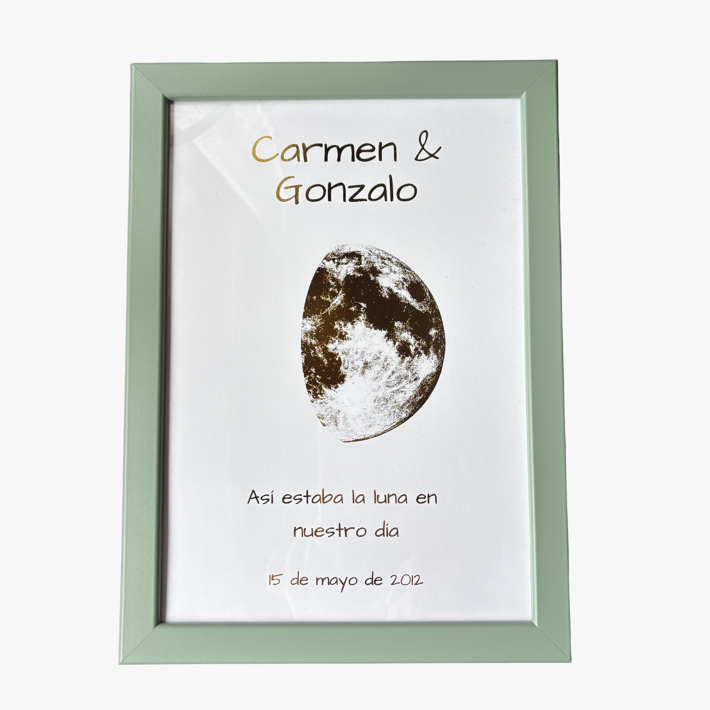 Lámina personalizada de la luna de vuestra historia en cartulina blanca con foil dorado y marco verde – Rasdelma