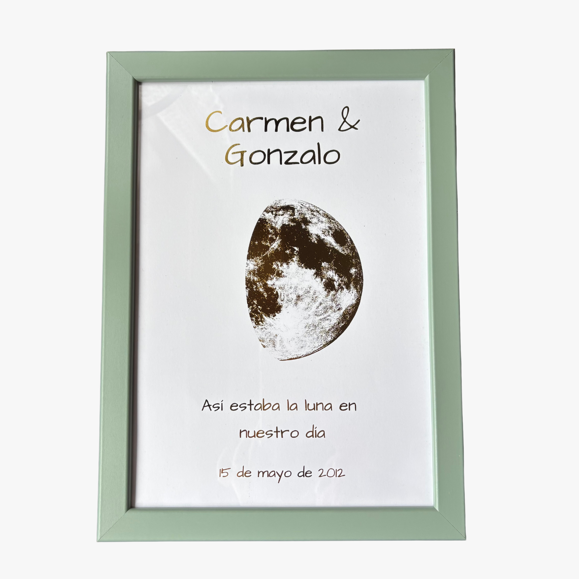 Lámina personalizada de la luna de vuestra historia en cartulina blanca con foil dorado y marco verde – Rasdelma