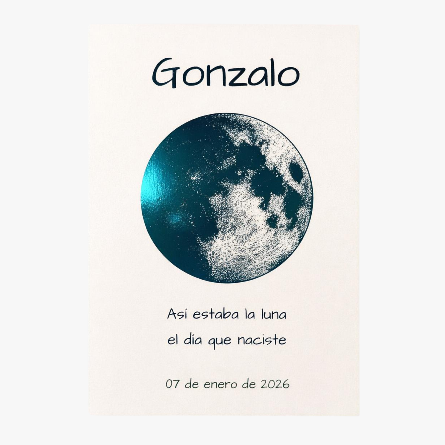 Lámina infantil personalizada de la luna del nacimiento en cartulina blanca con foil azul – Rasdelma