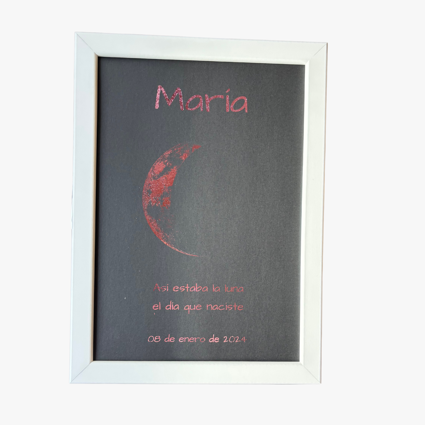 Lámina infantil personalizada de la luna del nacimiento en cartulina negra con foil rosa y marco blanco – Rasdelma
