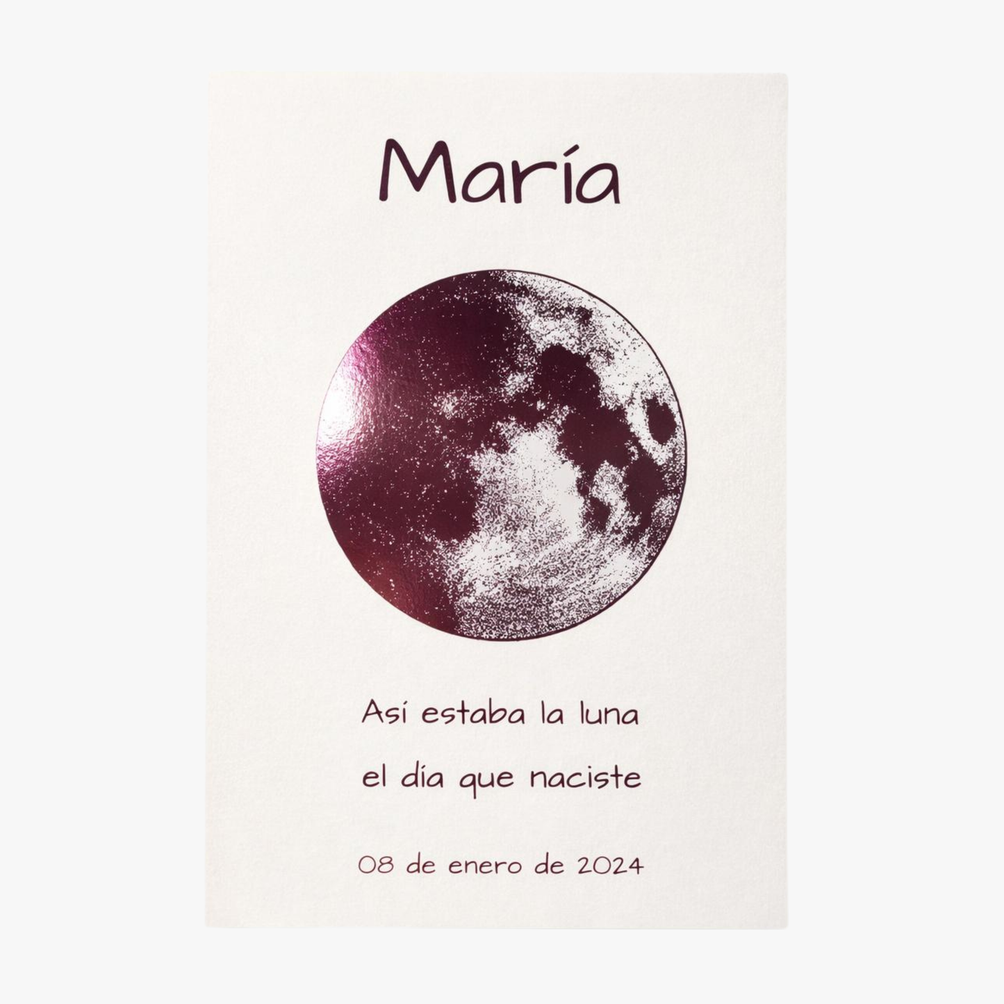 Lámina infantil personalizada de la luna del nacimiento en cartulina blanca con foil rosa – Rasdelma