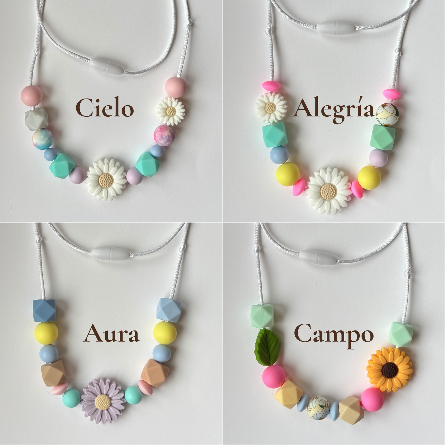 Collares de lactancia una pieza Rasdelma en diseños Alegría, Aura, Campo y Cielo