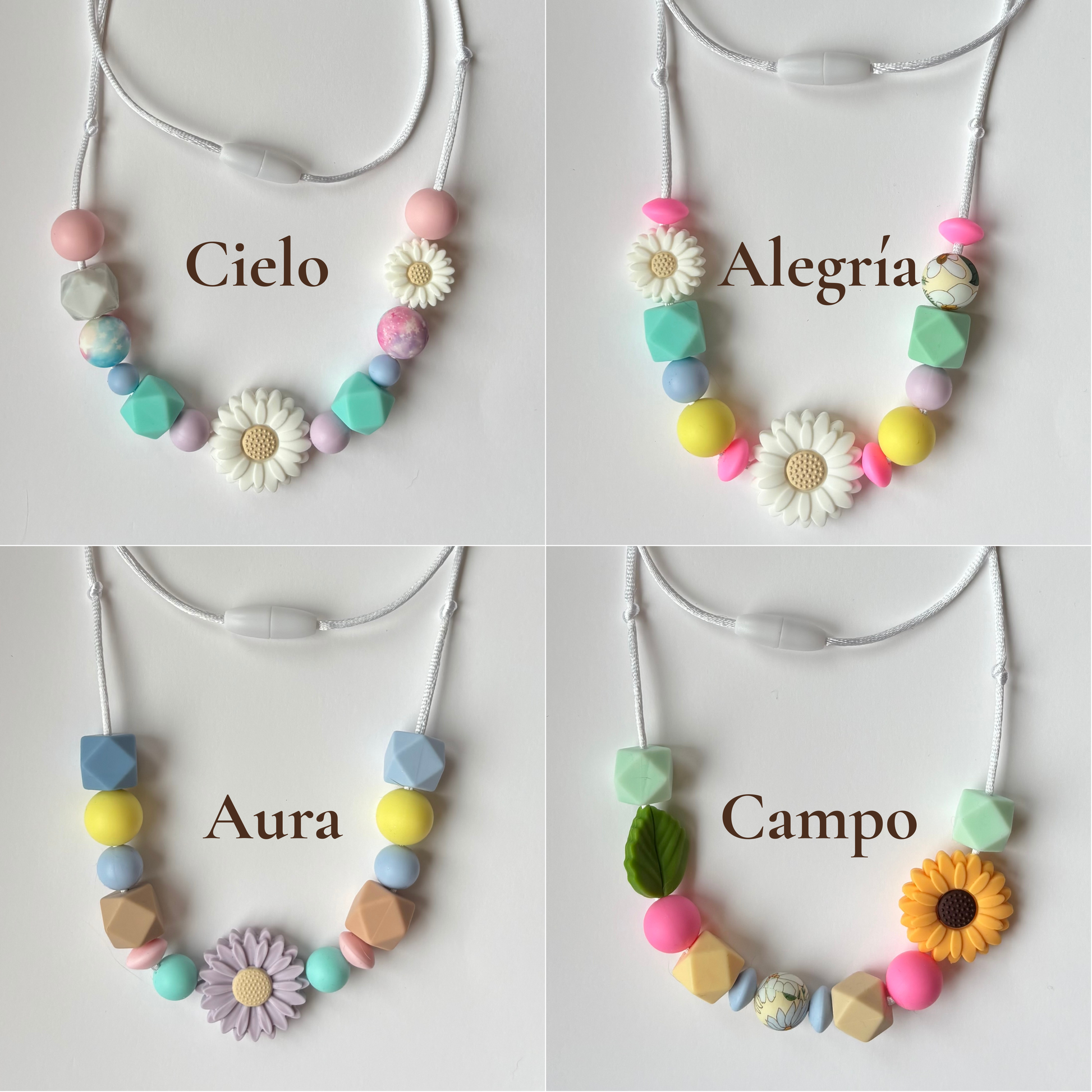 Collares de lactancia una pieza Rasdelma en diseños Alegría, Aura, Campo y Cielo