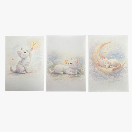 Pack de tres láminas infantiles ilustradas de gatito – Rasdelma