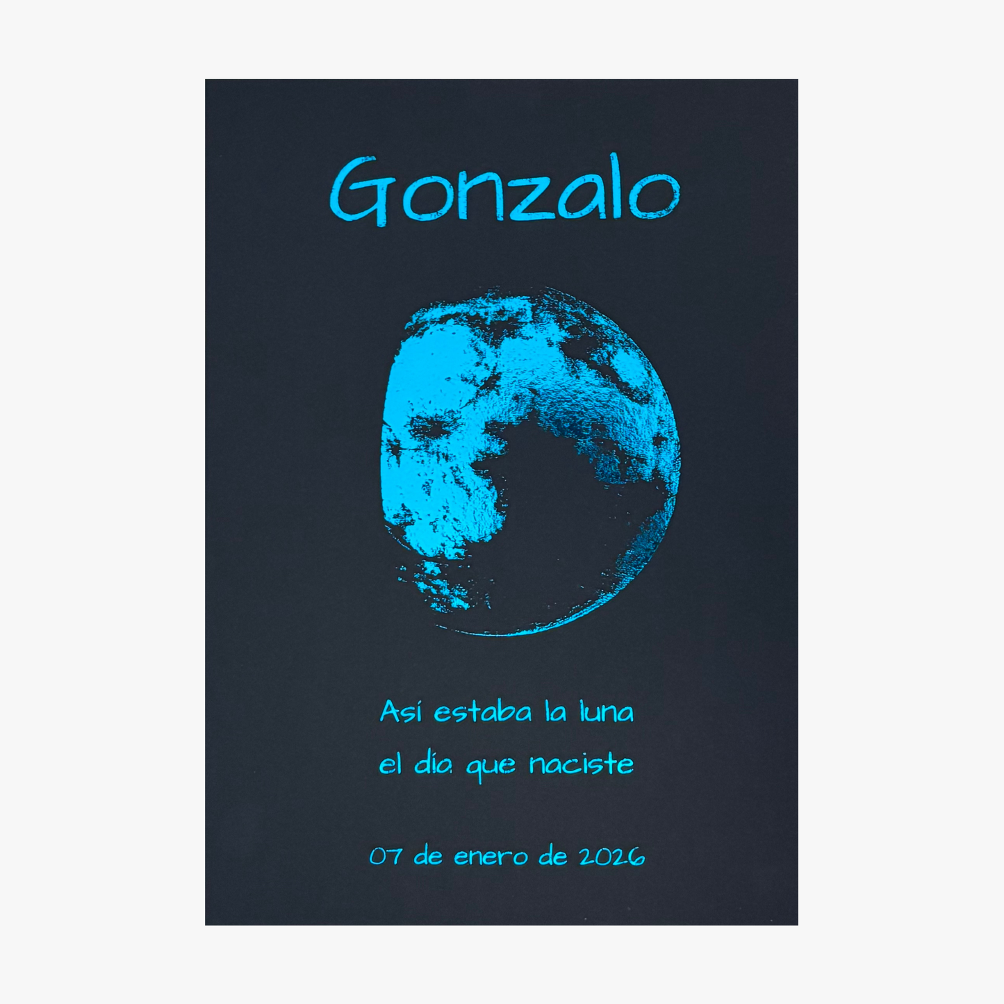 Lámina infantil personalizada de la luna del nacimiento en cartulina negra con foil azul – Rasdelma