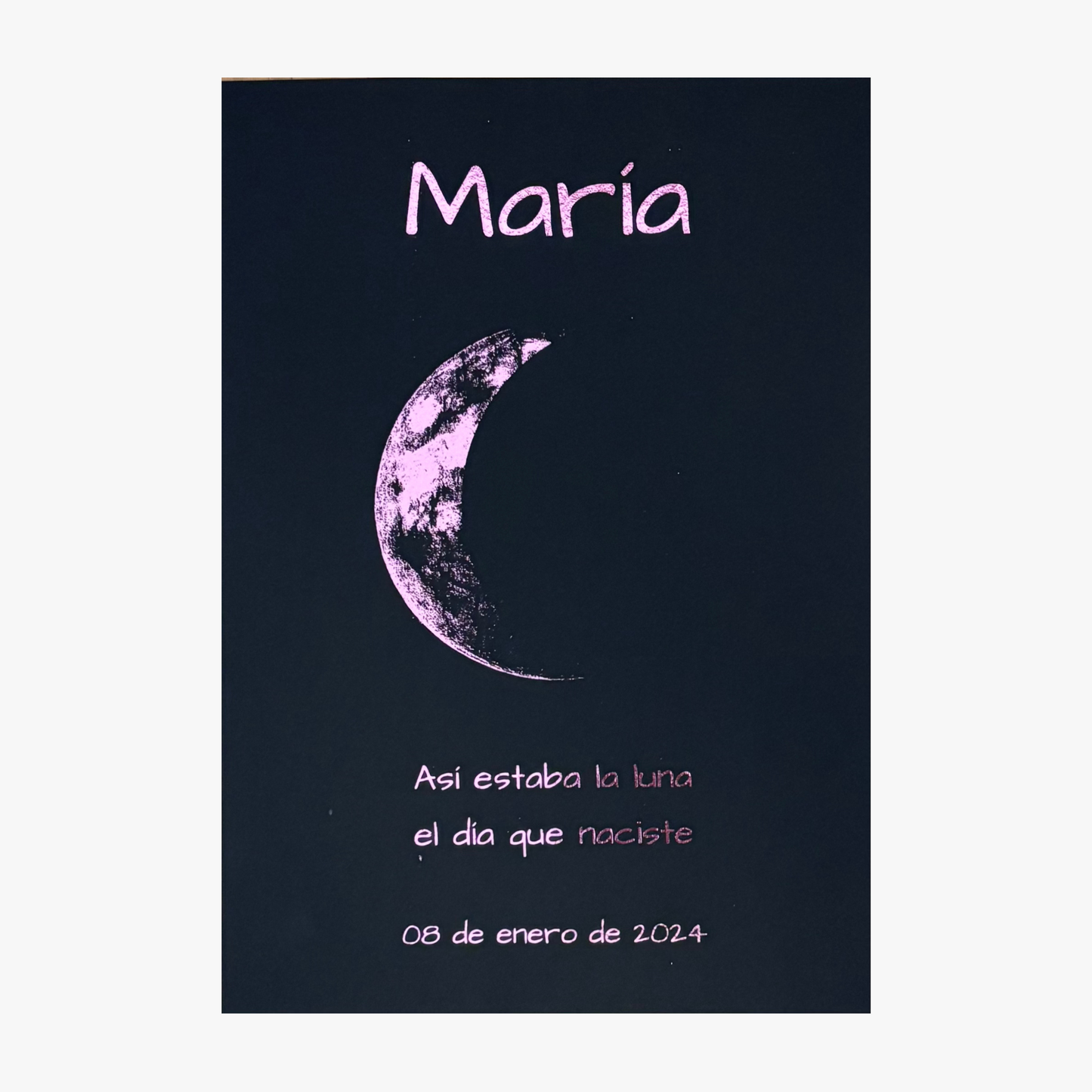 Lámina infantil personalizada de la luna del nacimiento en cartulina negra con foil rosa – Rasdelma