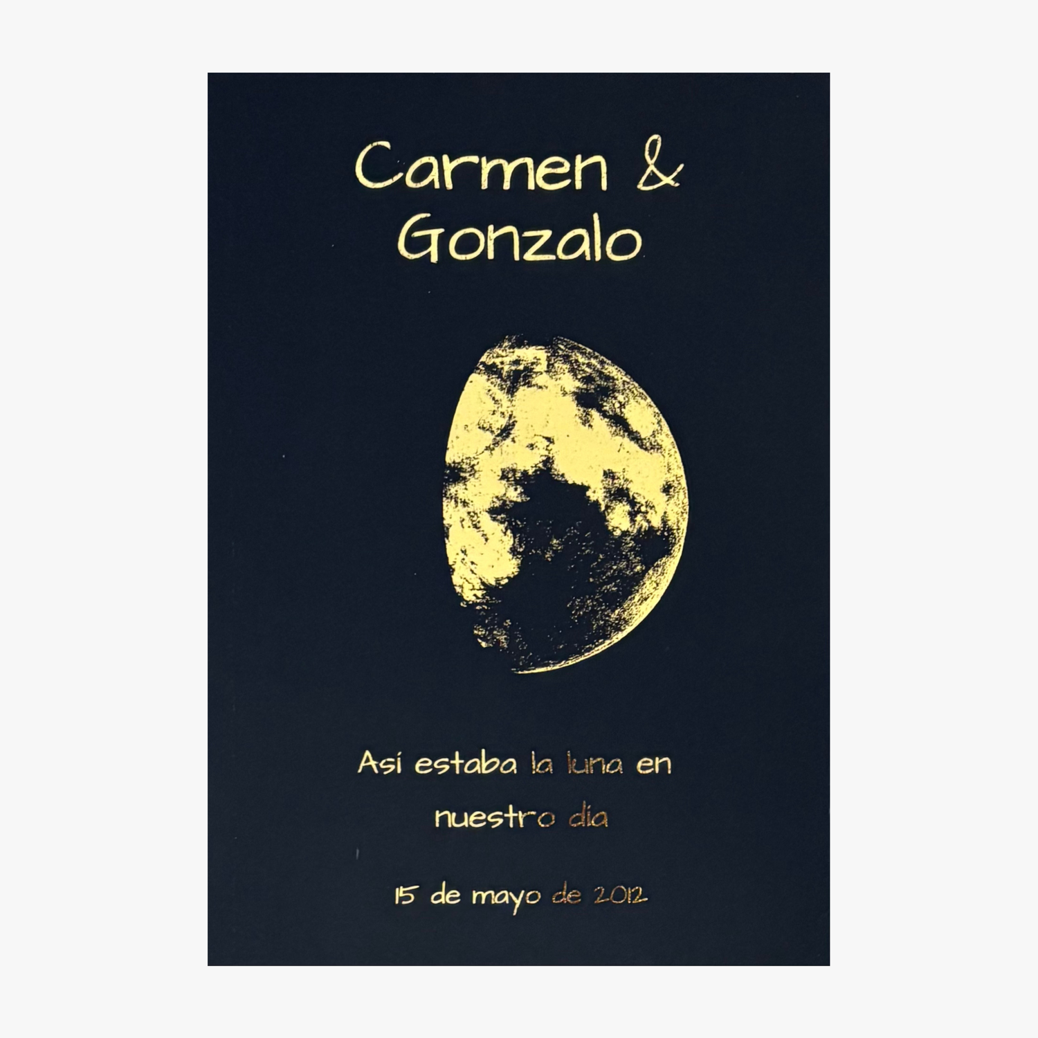 Lámina personalizada de la luna de vuestra historia en cartulina negra con foil dorado – Rasdelma