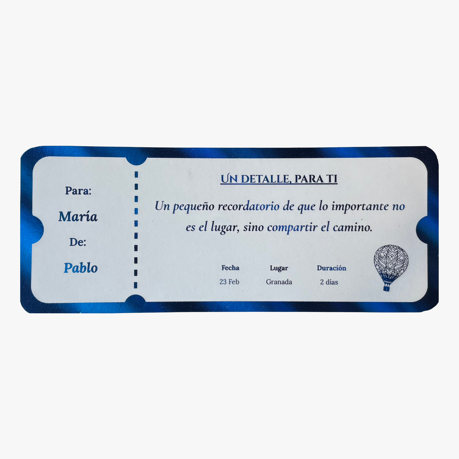 Ticket regalo de viaje personalizado en foil azul – Rasdelma