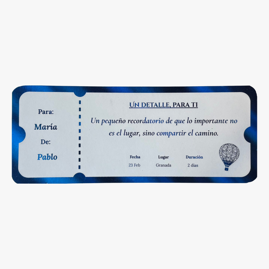 Ticket regalo de viaje personalizado en foil azul – Rasdelma
