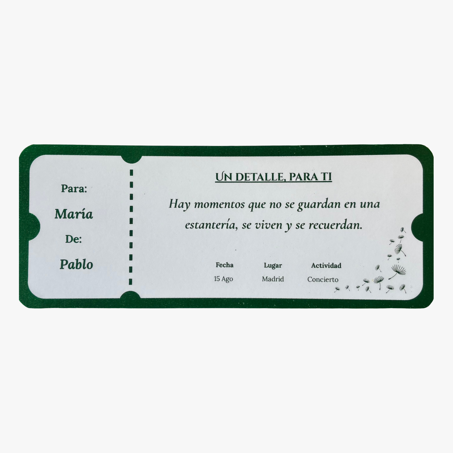 Ticket regalo de experiencia personalizado en foil verde – Rasdelma