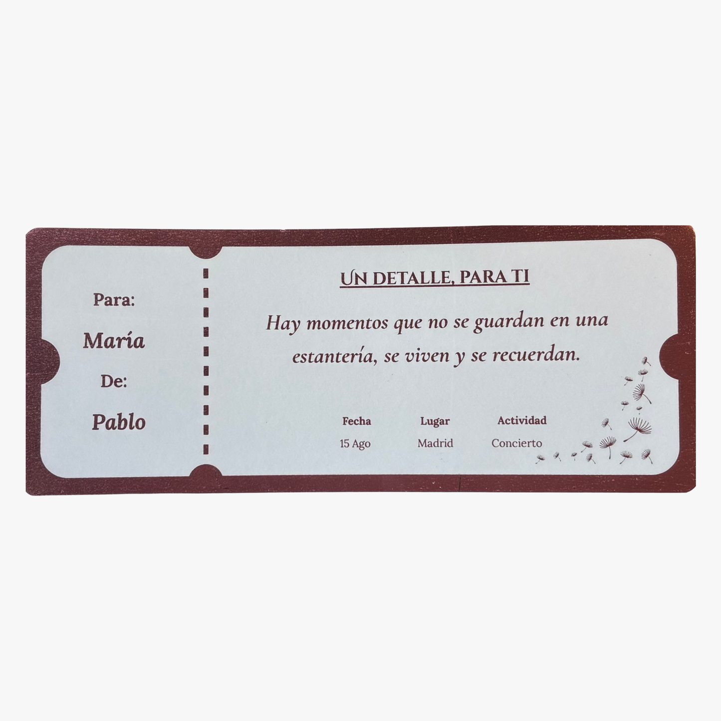 Ticket regalo de experiencia personalizado en foil rosa – Rasdelma