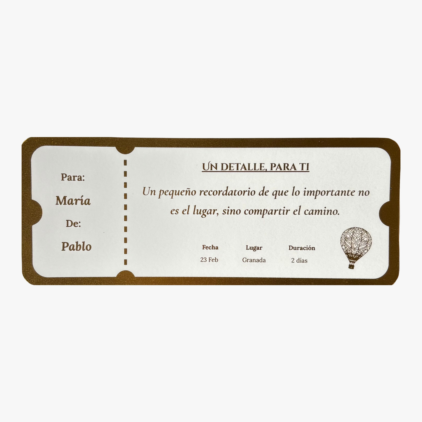 Ticket regalo de viaje personalizado en foil dorado – Rasdelma
