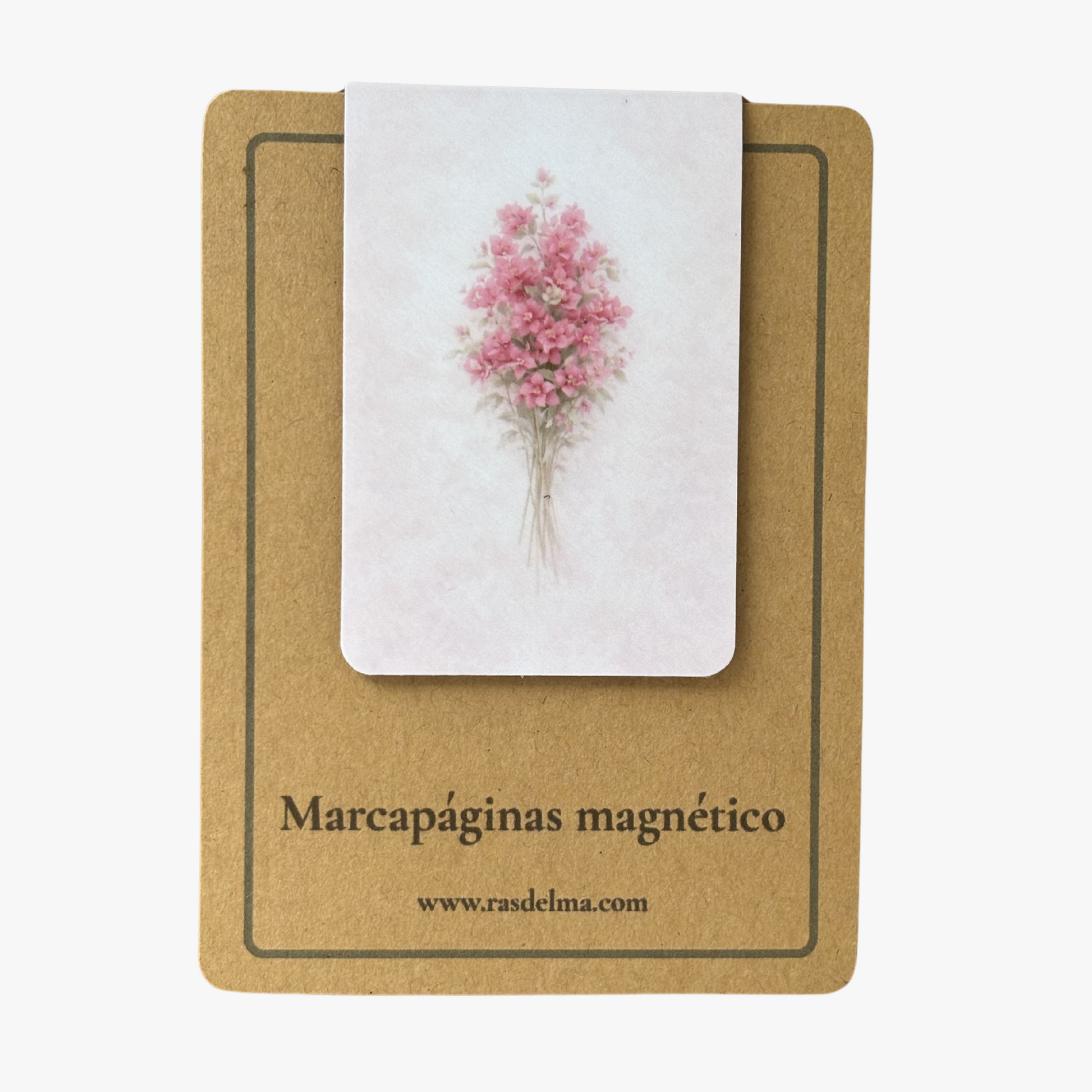 Marcapáginas magnético con ilustración de buganvilla presentado en tarjeta de Rasdelma.