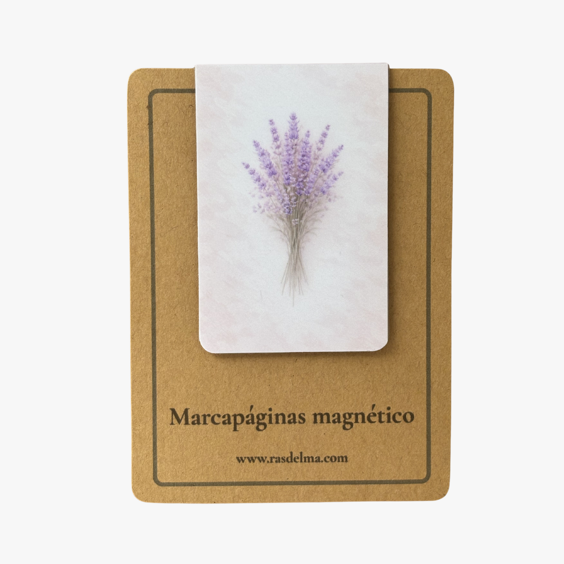 Marcapáginas magnético con ilustración de lavanda presentado en tarjeta de Rasdelma.