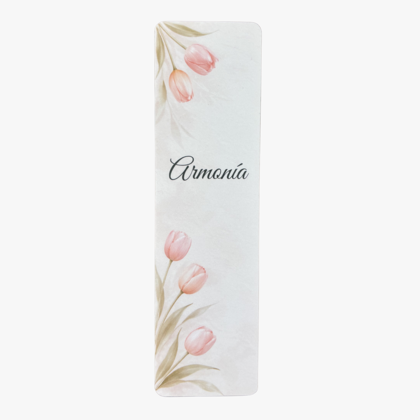 Marcapáginas personalizado con nombre con ilustración de tulipanes de Rasdelma.