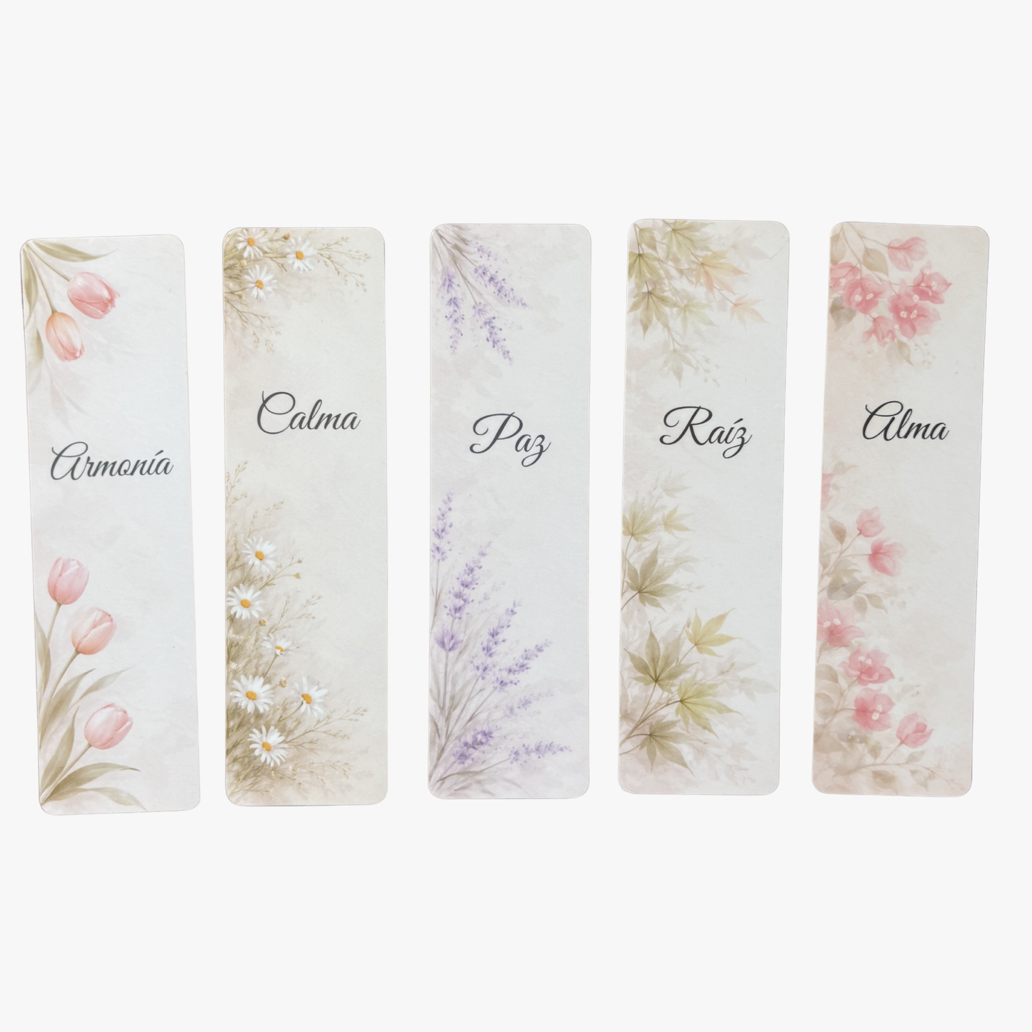 Colección de marcapáginas personalizados con nombre con ilustraciones de flores de Rasdelma.